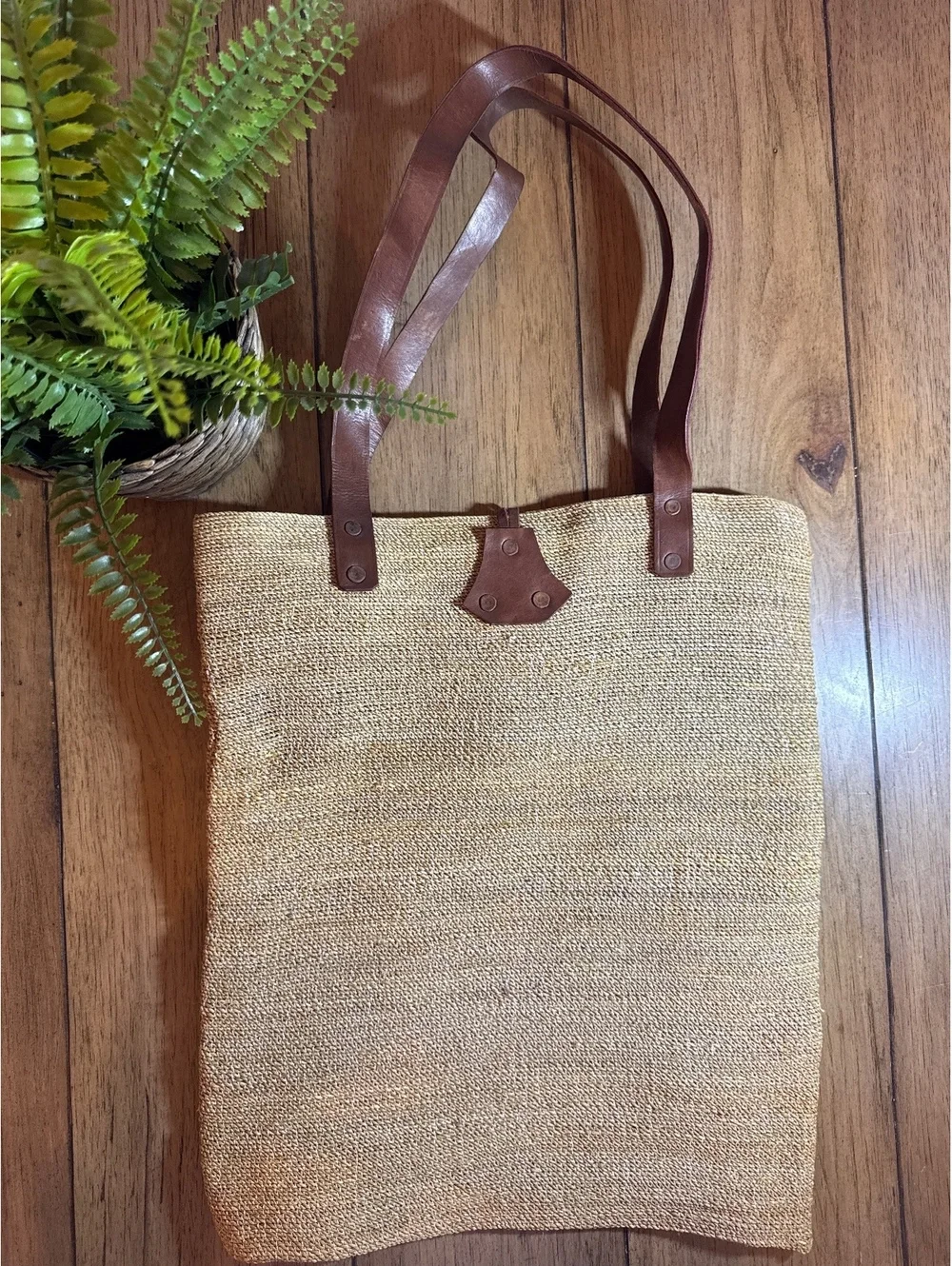 Handwoven Sisal Cotton & Leather Tote Bag Brown Boho Artisan Made in Indonesia